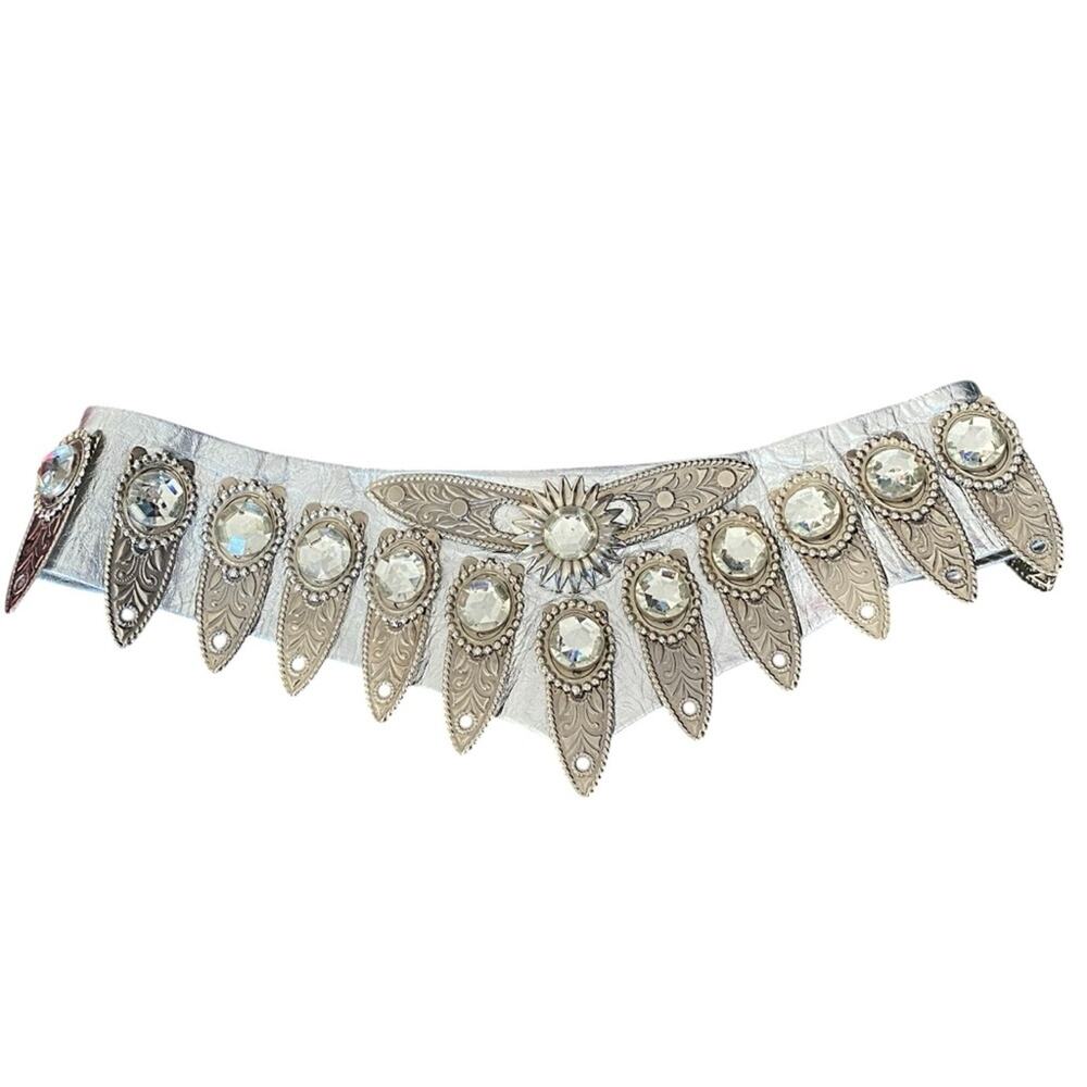 Vintage Leatherock Nina Arjani Silver Leather Bejeweled statement waist belt